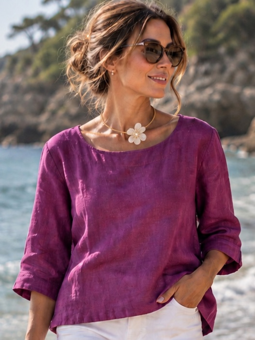 Martha Stewart Collection 100% Linen Purple Blouse Top 3/4 Sleeve Size: L NWT